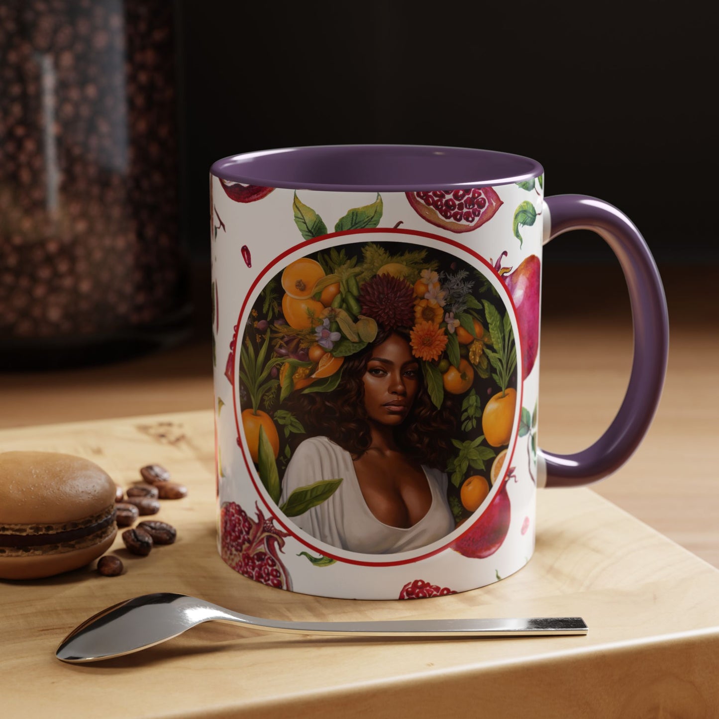 Organically Me Red and White Regina Pomegranate Plant Garden Vegan Ceramic Plant Mug with Black woman (11oz) 8 Color Combos