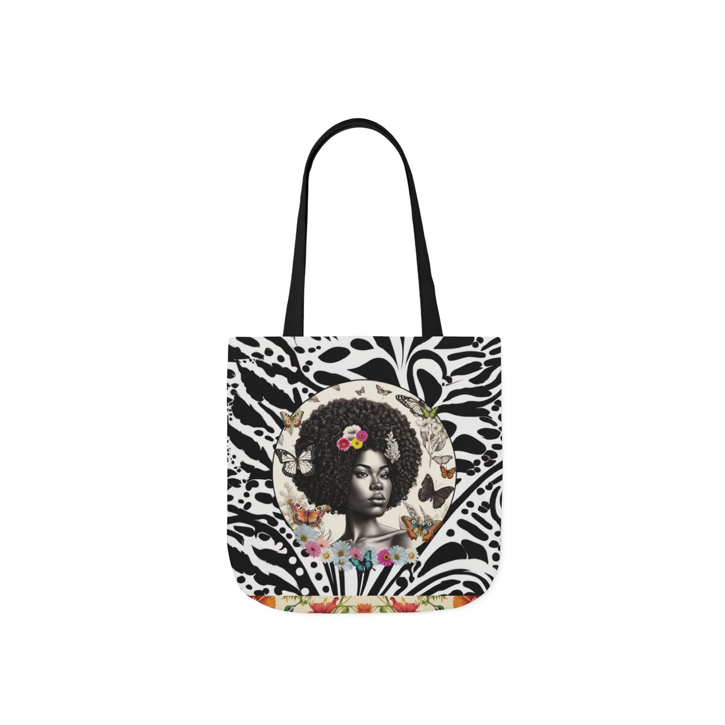 Afro Butterfly Queen In Black & White Garden-themed 13" tote bag, purse, workout bag, yoga bag, personal item with Black Women