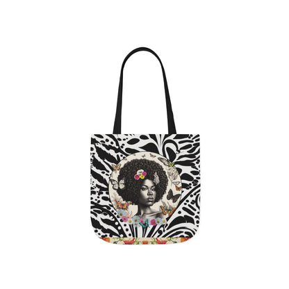 Afro Butterfly Queen In Black & White Garden-themed 13" tote bag, purse, workout bag, yoga bag, personal item with Black Women
