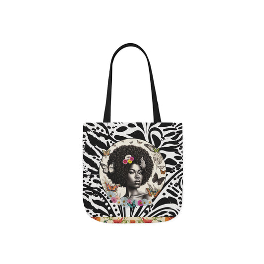 Afro Butterfly Queen In Black & White Garden-themed 13" tote bag, purse, workout bag, yoga bag, personal item with Black Women