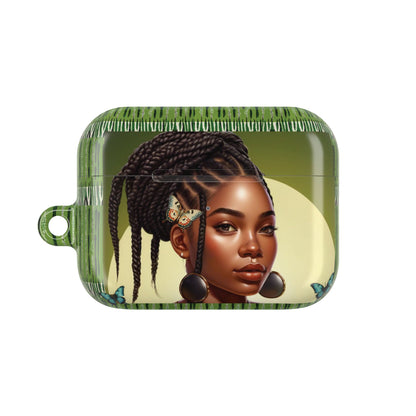 AirPods Case (Personalized): Braids & Ethnic Ikat Garden Plant Green Tribal Design with Butterflies & Black Woman; AirPods Pro Gen 1 & 2, AirPods Gen 1, Gen 2, Gen 3