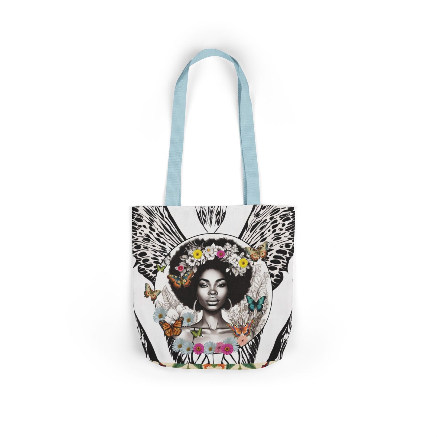 Afro Butterfly Queen In Black & White Garden-themed 13" tote bag, purse, workout bag, yoga bag, personal item with Black Women