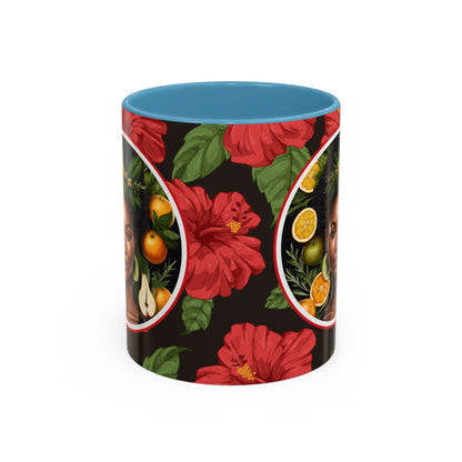 Organically Me Red and White Hibiscus Plant Garden Vegan Ceramic Plant Mug with Black woman (11oz) 8 Color Combos