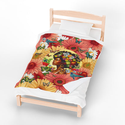 Organically Me Afro Joy Daisy Delany Plant & Garden Blanket, Wall Hanging, Tablecloth (Velveteen) with Black Woman; 50 x 60in