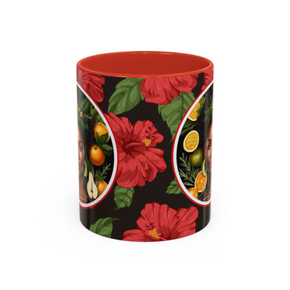Organically Me Red and White Hibiscus Plant Garden Vegan Ceramic Plant Mug with Black woman (11oz) 8 Color Combos
