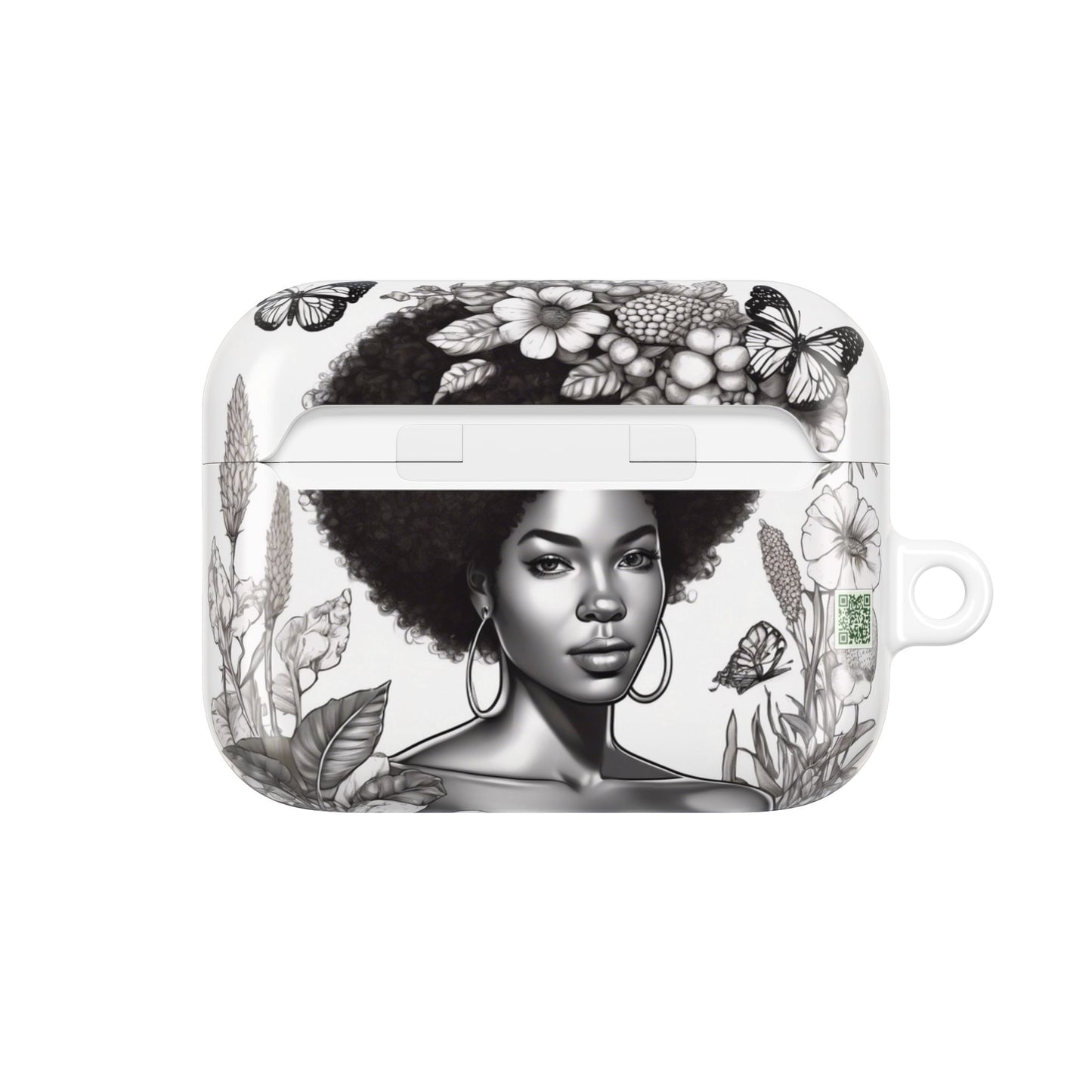 AirPods Case: Afro Queen Black & White Floral Garden Design with Butterflies, Plants & Black Woman for AirPods Pro Gen 1 & 2, AirPods Gen 1, Gen 2, Gen 3