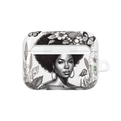 AirPods Case: Afro Queen Black & White Floral Garden Design with Butterflies, Plants & Black Woman for AirPods Pro Gen 1 & 2, AirPods Gen 1, Gen 2, Gen 3