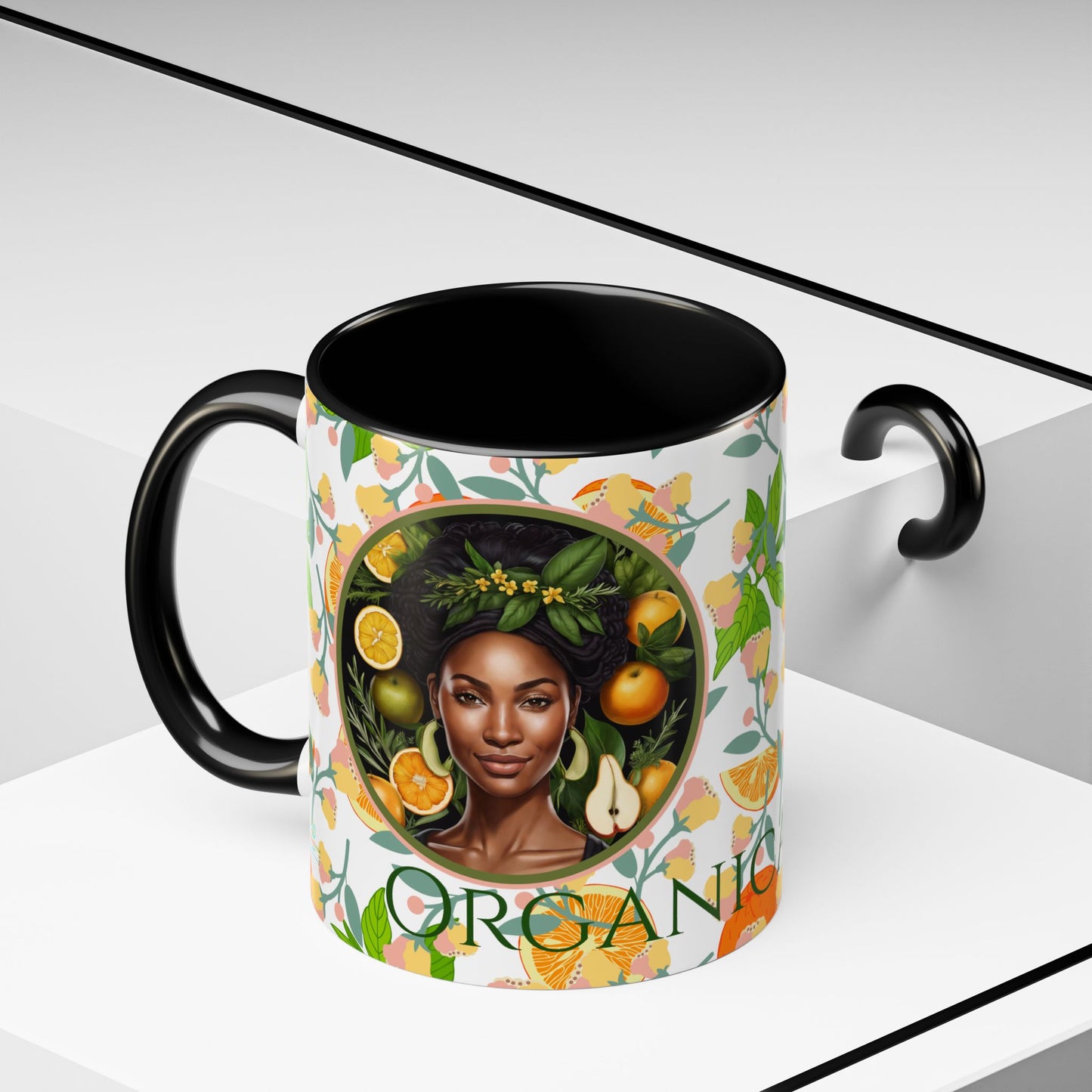 Organically Me Pink and Green Plant Garden Vegan Ceramic Plant Mug with Black woman (11oz) 8 Color Combos