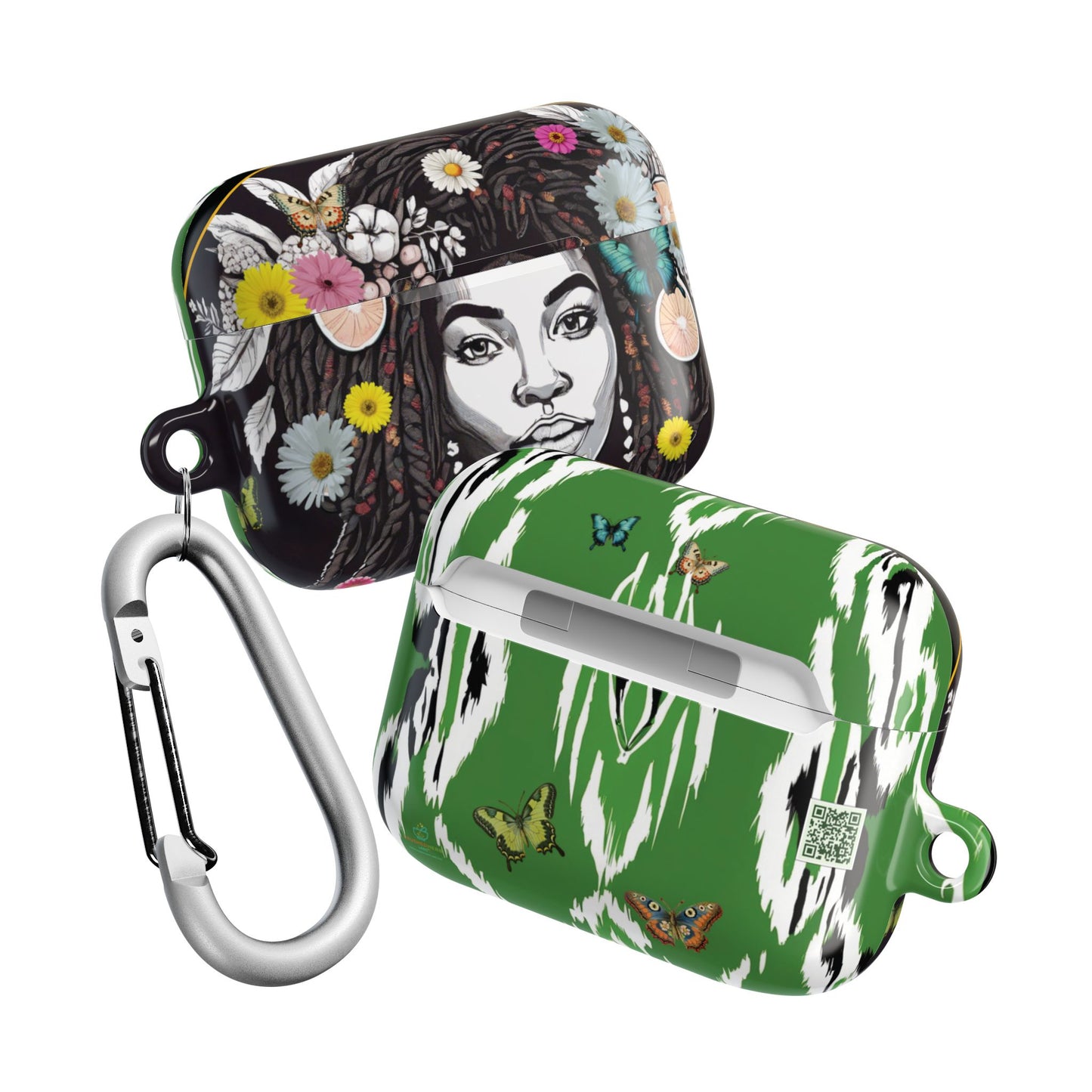 AirPods Case (Personalized): Kai Queen of Locs Garden Plant Green Tribal Ikat Design with Butterflies & Black Woman; AirPods Pro Gen 1 & 2, AirPods Gen 1, Gen 2, Gen 3