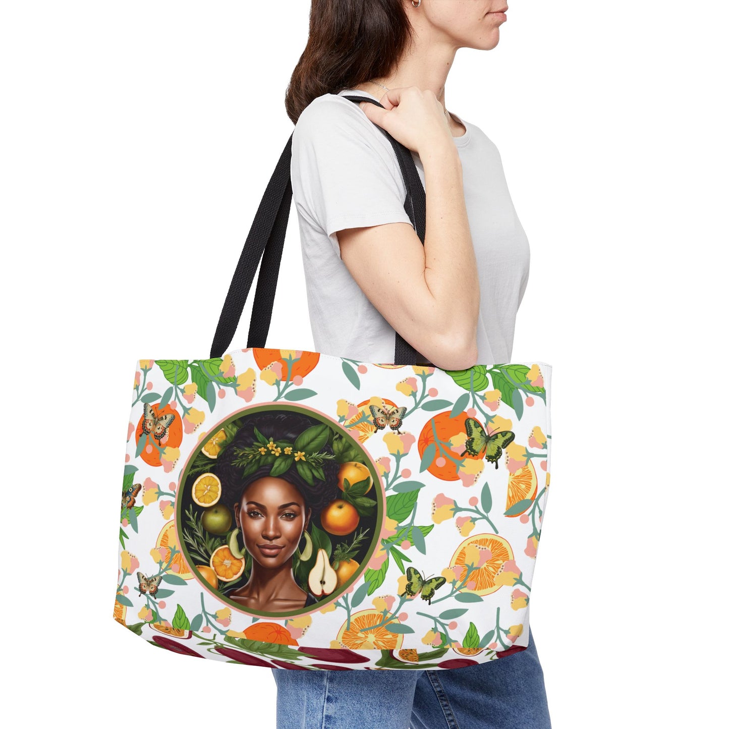 Organically Me Pink & Green Plant Garden-themed Weekender Tote Bag, workout bag, yoga bag with Black Women