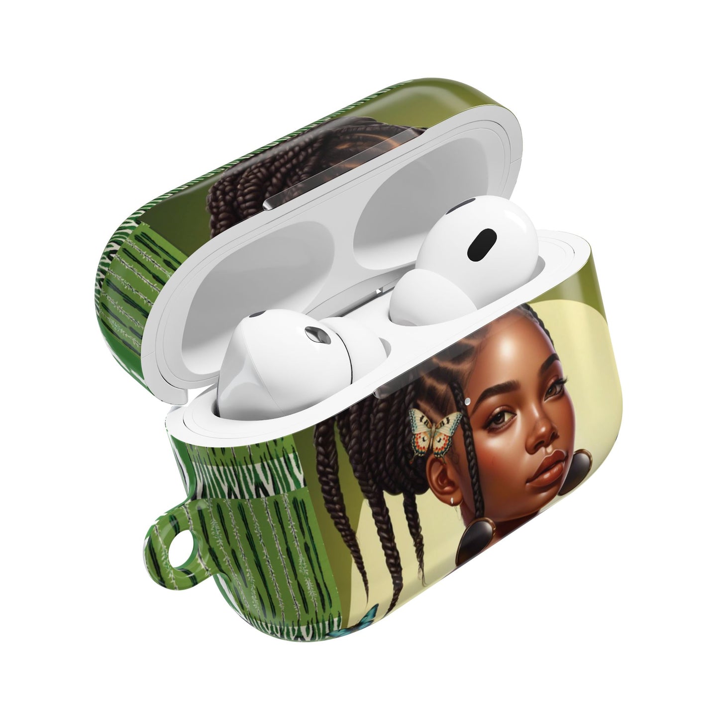 AirPods Case (Personalized): Braids & Ethnic Ikat Garden Plant Green Tribal Design with Butterflies & Black Woman; AirPods Pro Gen 1 & 2, AirPods Gen 1, Gen 2, Gen 3