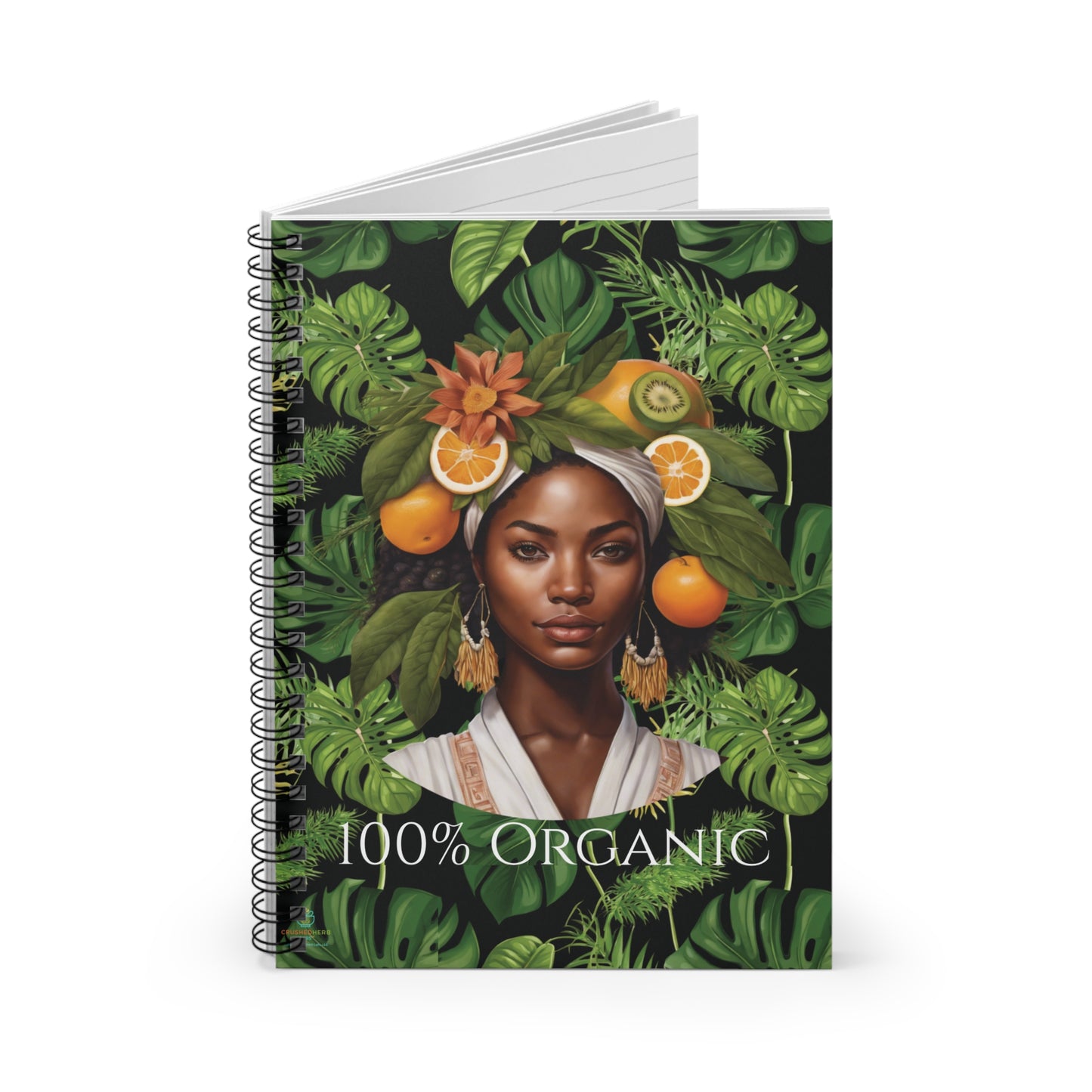 100% Organic Black Jungle Plant Garden & Vegan Hardcover Spiral Journal, Matte 150 pages, Black woman Design