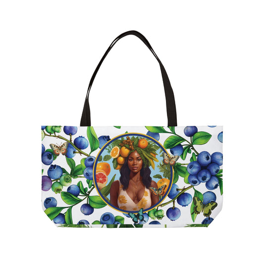 Organically Me Blue & Yellow Plant Garden-themed Weekender Tote Bag, workout bag, yoga bag with Black Women