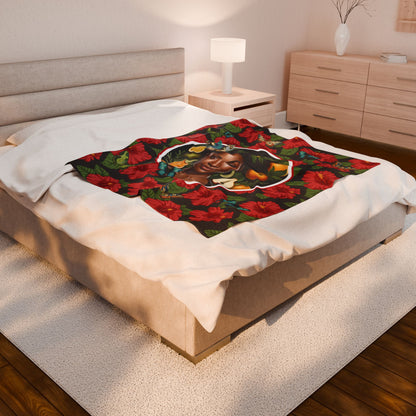 Organically Me Red and White Plant Garden Blanket, Wall Hanging, Tablecloth (Velveteen) with Black Woman; 50 x 60in