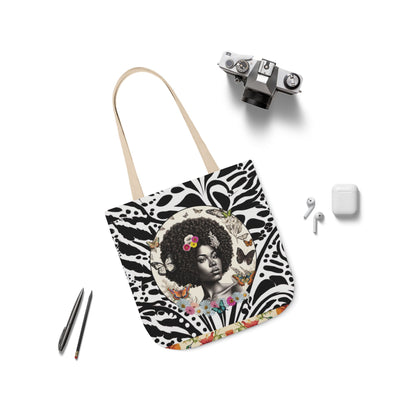 Afro Butterfly Queen In Black & White Garden-themed 13" tote bag, purse, workout bag, yoga bag, personal item with Black Women