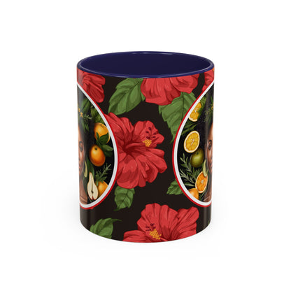 Organically Me Red and White Hibiscus Plant Garden Vegan Ceramic Plant Mug with Black woman (11oz) 8 Color Combos