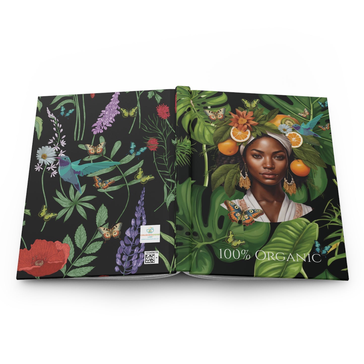 100% Organic Black Jungle Plant Garden & Vegan Hardcover Journal, Matte 150 pages, Black women Double-Sided Design
