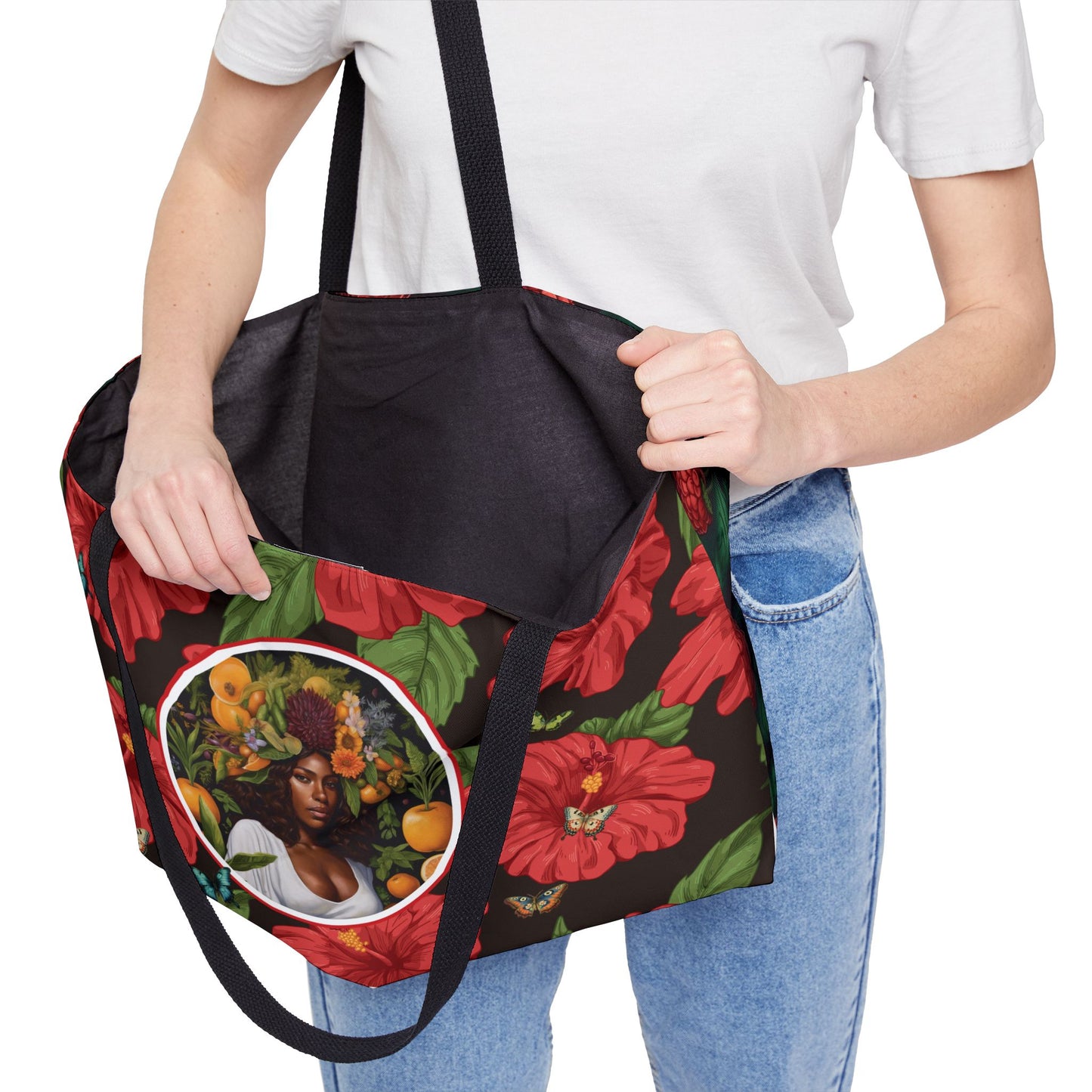 Organically Me Red & White Hibiscus Plant Garden-themed Weekender Tote Bag, workout bag, yoga bag with Black Women