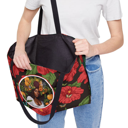 Organically Me Red & White Hibiscus Plant Garden-themed Weekender Tote Bag, workout bag, yoga bag with Black Women