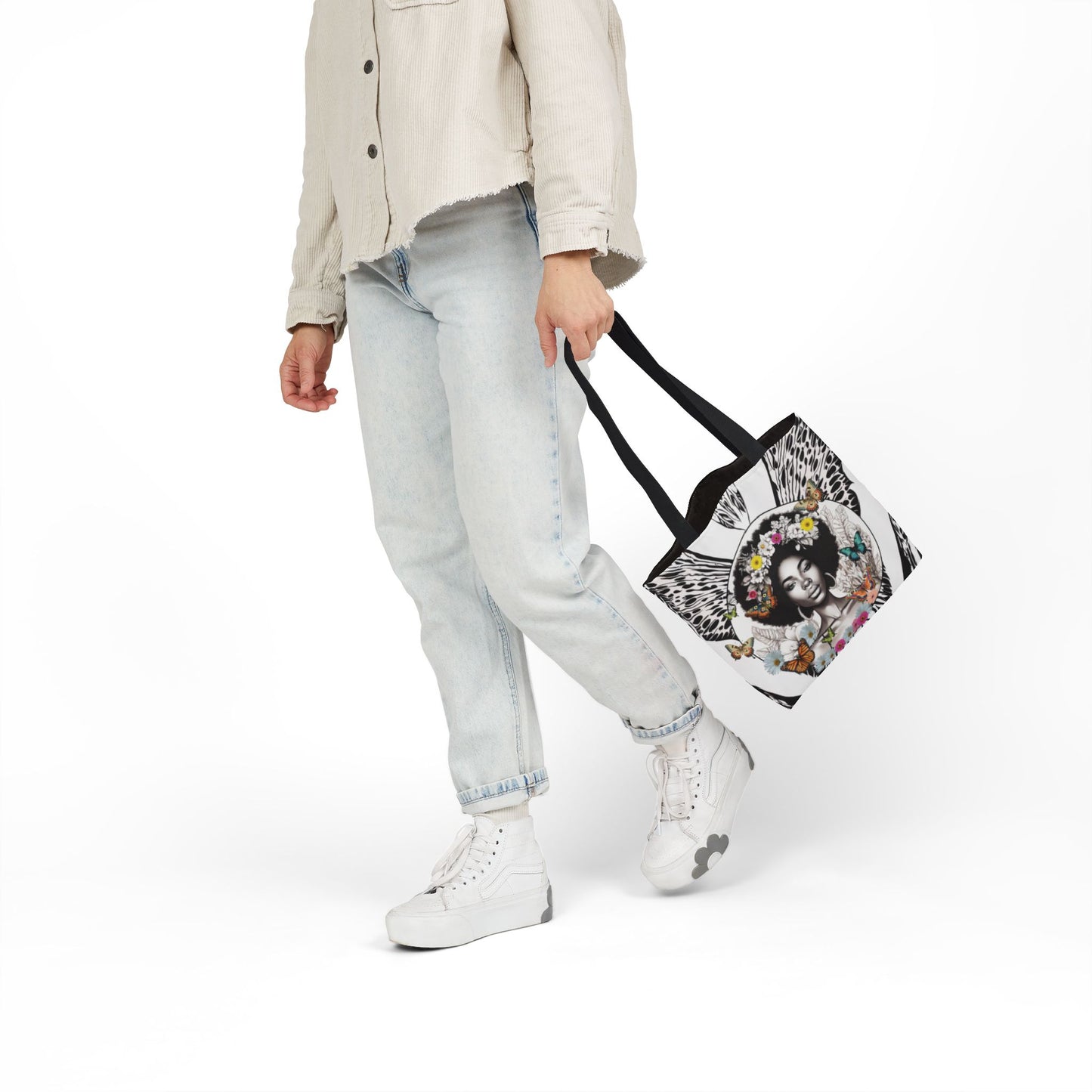 Afro Butterfly Queen In Black & White Garden-themed 13" tote bag, purse, workout bag, yoga bag, personal item with Black Women