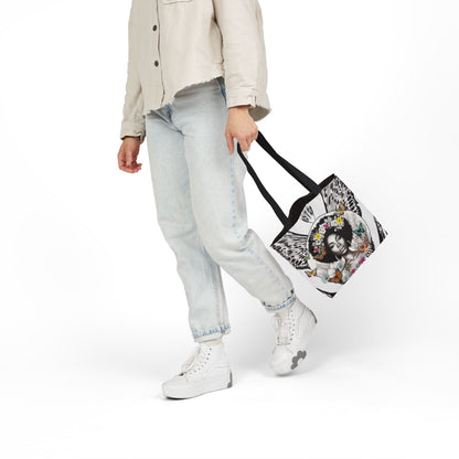 Afro Butterfly Queen In Black & White Garden-themed 13" tote bag, purse, workout bag, yoga bag, personal item with Black Women