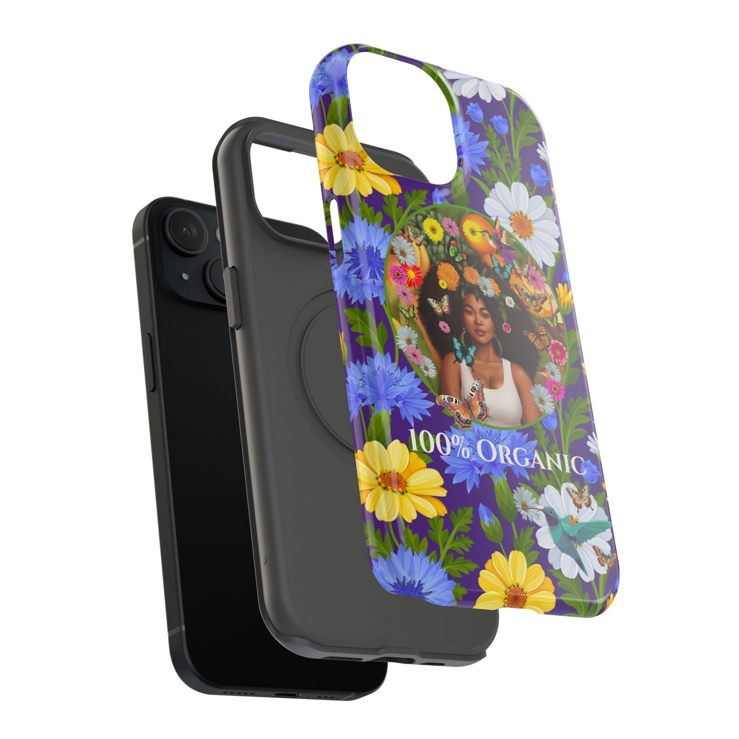 100% Organic Purple Plant Garden: Tough iPhone 15 Case with Eco Floral and Black Woman
