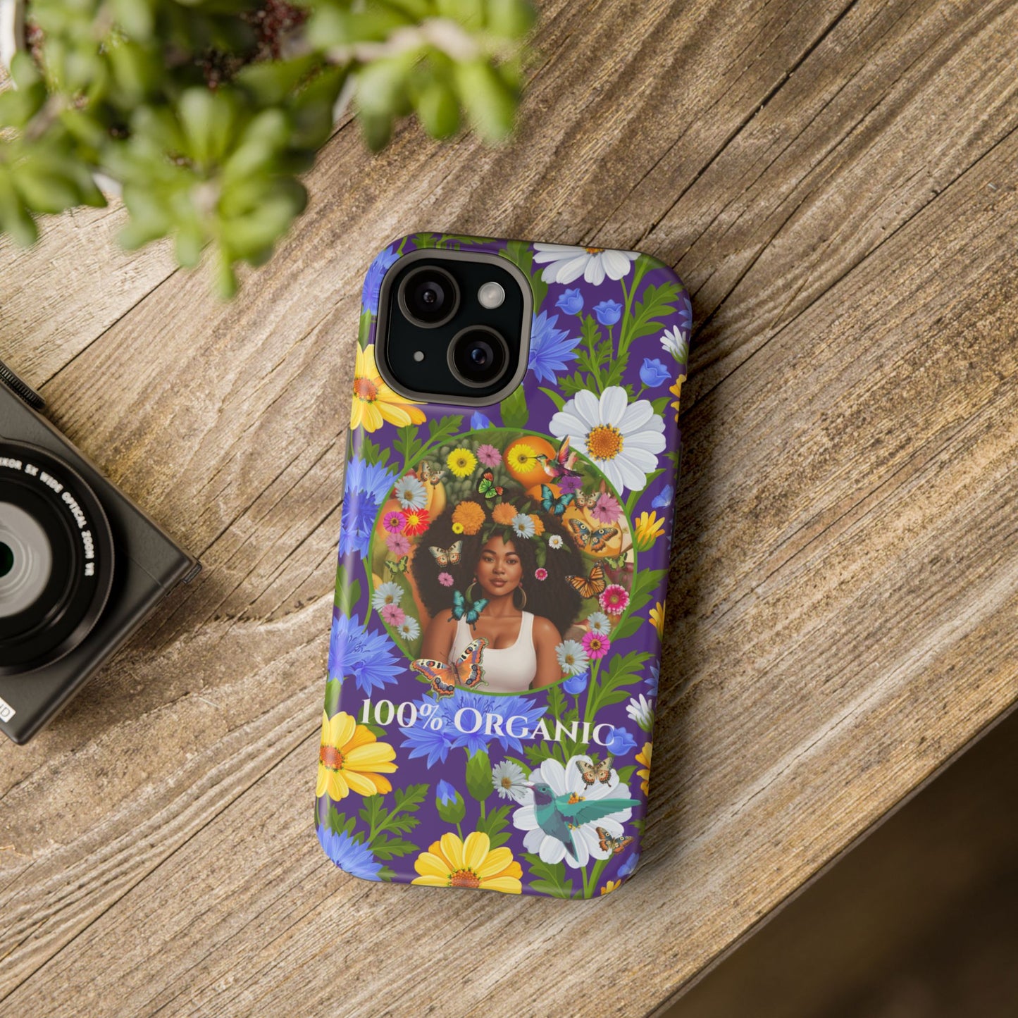 100% Organic Purple Plant Garden: Tough iPhone 15 Case with Eco Floral and Black Woman
