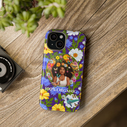 100% Organic Purple Plant Garden: Tough iPhone 15 Case with Eco Floral and Black Woman
