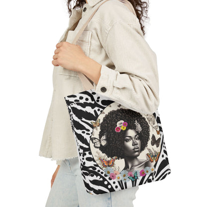 Afro Butterfly Queen In Black & White Garden-themed 13" tote bag, purse, workout bag, yoga bag, personal item with Black Women
