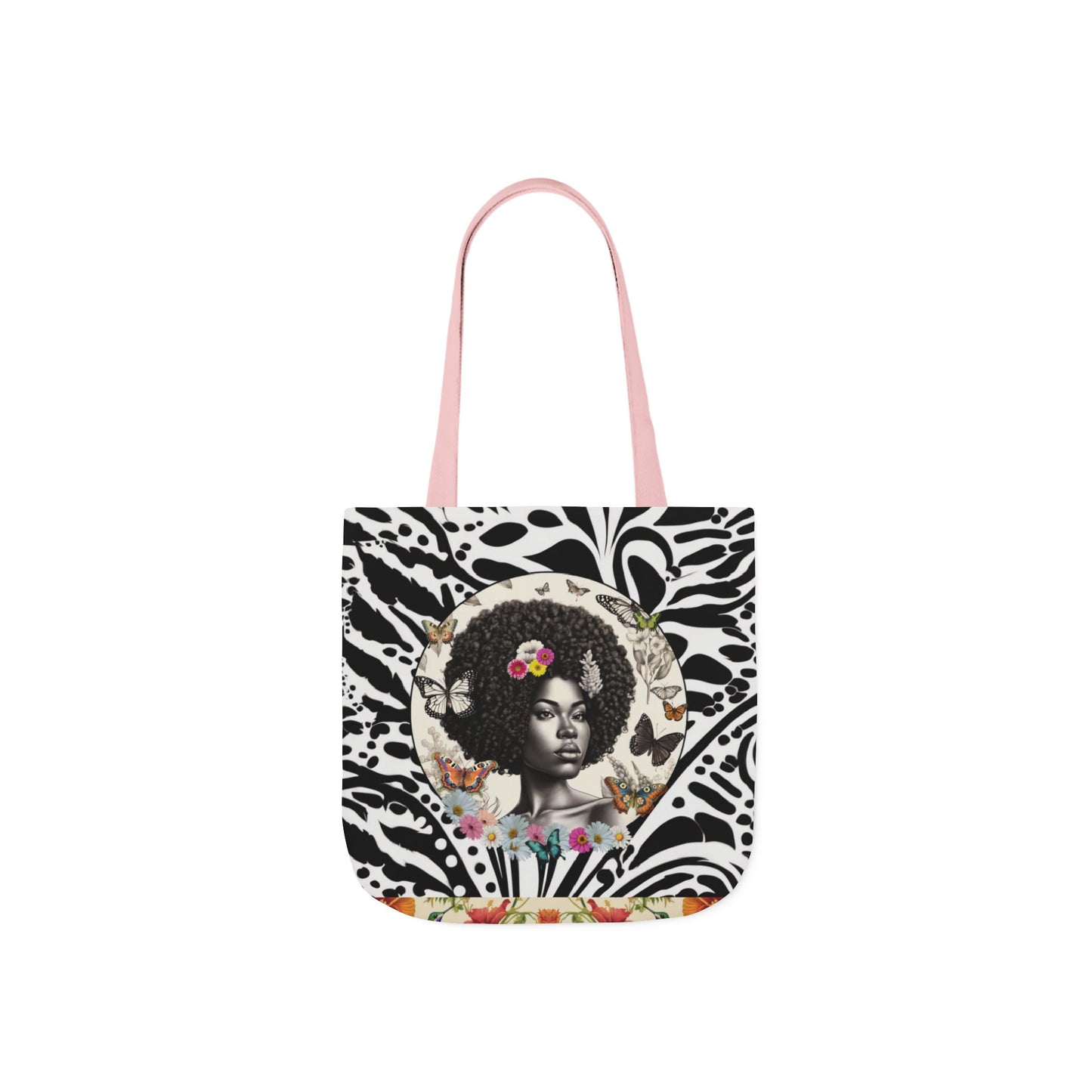 Afro Butterfly Queen In Black & White Garden-themed 13" tote bag, purse, workout bag, yoga bag, personal item with Black Women