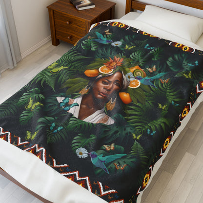 100% Organic Black Jungle Plant & Garden-themed Blanket, tablecloth, Wrap and Wall Hanging (Velveteen) with Black Woman