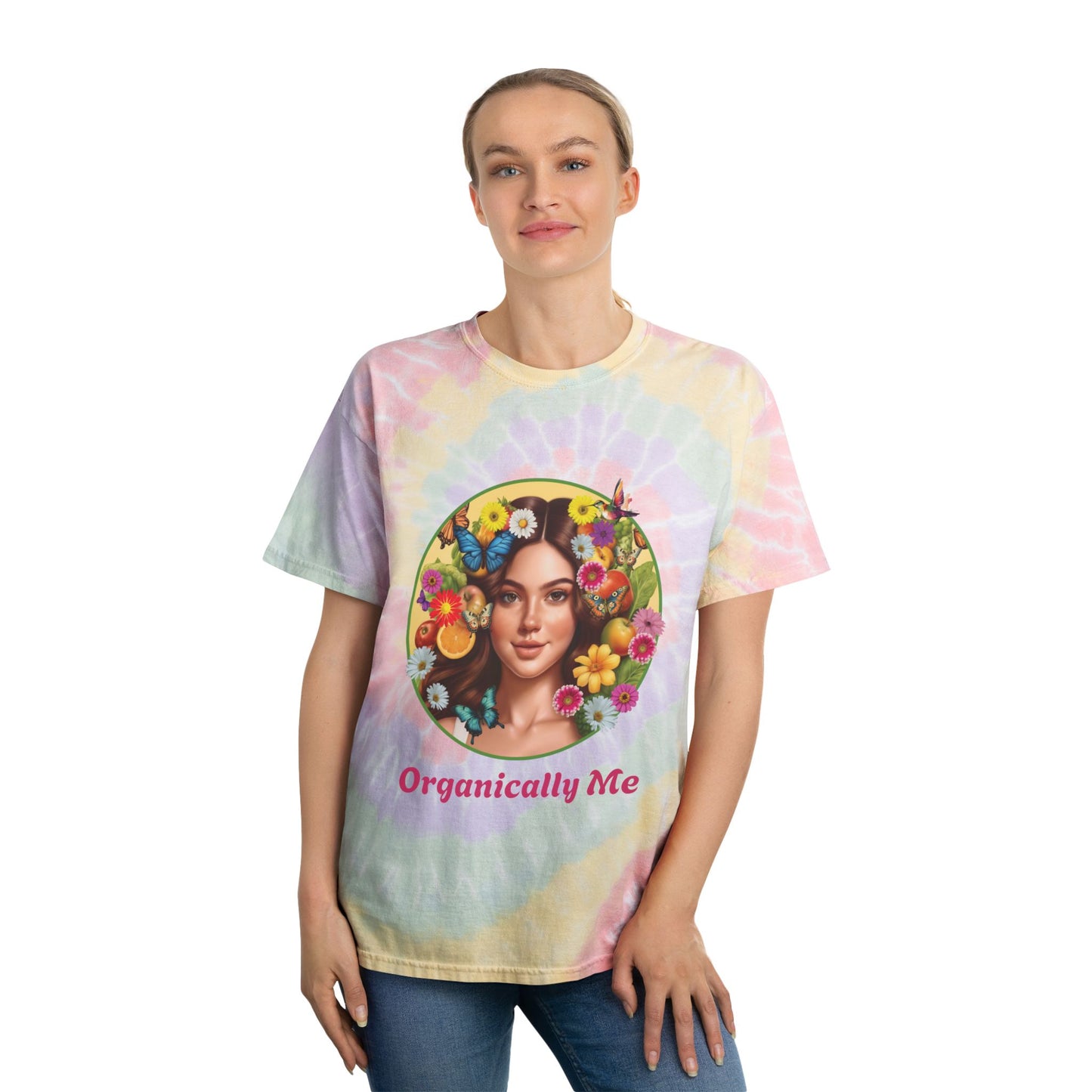 Spiral Tie-Dye Organically Me Tee with Fruits, Veggies and flowers Design - Vibrant and Playful floral Shirt