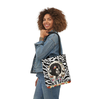 Afro Butterfly Queen In Black & White Garden-themed 13" tote bag, purse, workout bag, yoga bag, personal item with Black Women