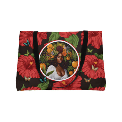 Organically Me Red & White Hibiscus Plant Garden-themed Weekender Tote Bag, workout bag, yoga bag with Black Women