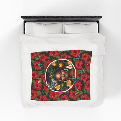 Organically Me Red and White Plant Garden Blanket, Wall Hanging, Tablecloth (Velveteen) with Black Woman; 50 x 60in