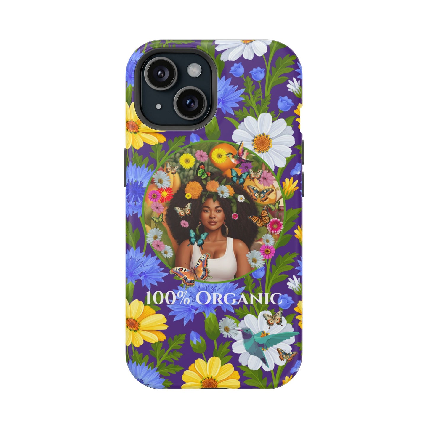 100% Organic Purple Plant Garden: Tough iPhone 15 Case with Eco Floral and Black Woman
