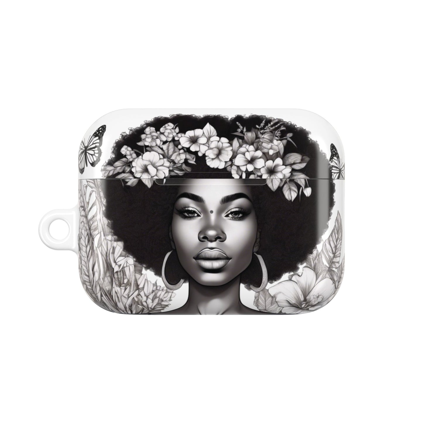 AirPods Case: Afro Queen Black & White Floral Garden Design with Butterflies, Plants & Black Woman for AirPods Pro Gen 1 & 2, AirPods Gen 1, Gen 2, Gen 3