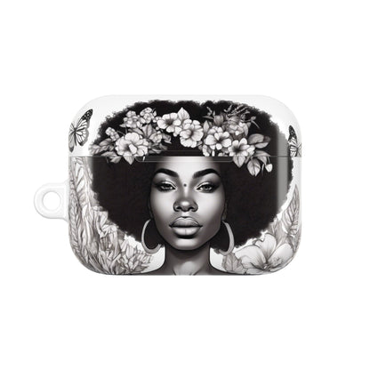 AirPods Case: Afro Queen Black & White Floral Garden Design with Butterflies, Plants & Black Woman for AirPods Pro Gen 1 & 2, AirPods Gen 1, Gen 2, Gen 3