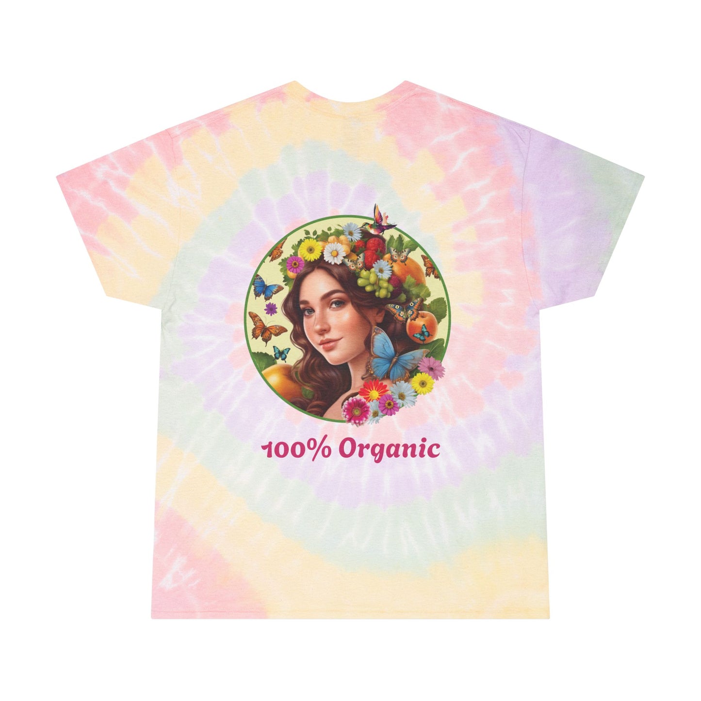 Spiral Tie-Dye Organically Me Tee with Fruits, Veggies and flowers Design - Vibrant and Playful floral Shirt