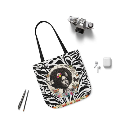 Afro Butterfly Queen In Black & White Garden-themed 13" tote bag, purse, workout bag, yoga bag, personal item with Black Women