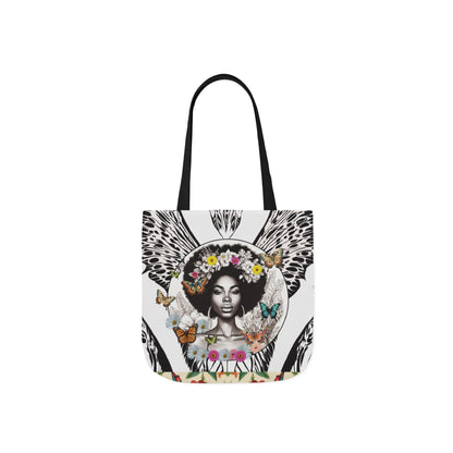 Afro Butterfly Queen In Black & White Garden-themed 13" tote bag, purse, workout bag, yoga bag, personal item with Black Women