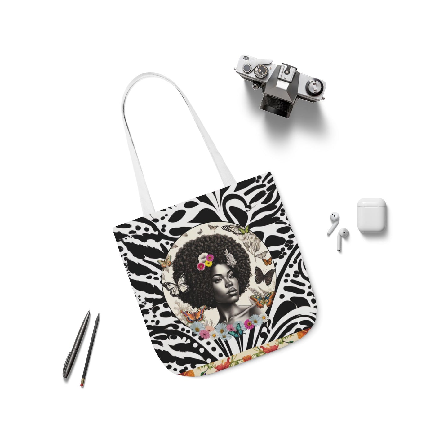 Afro Butterfly Queen In Black & White Garden-themed 13" tote bag, purse, workout bag, yoga bag, personal item with Black Women