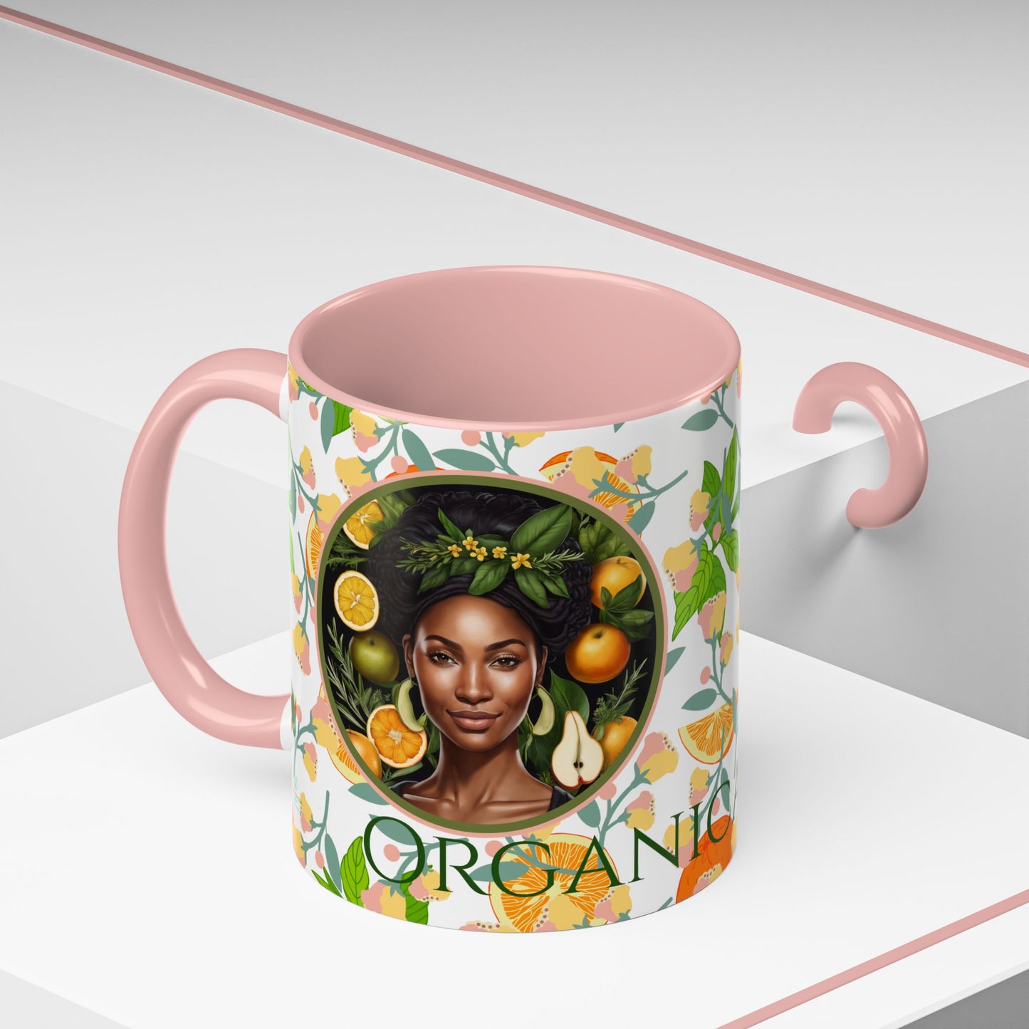 Organically Me Pink and Green Plant Garden Vegan Ceramic Plant Mug with Black woman (11oz) 8 Color Combos