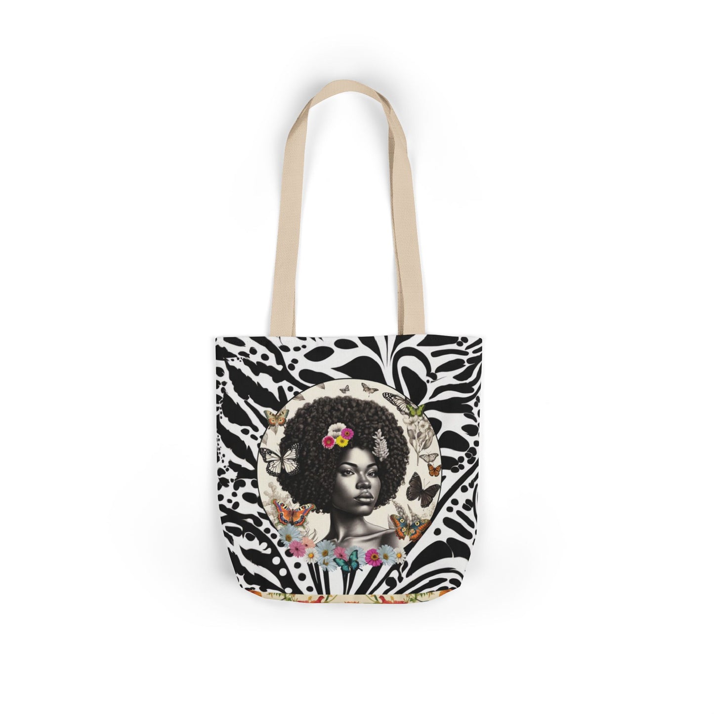 Afro Butterfly Queen In Black & White Garden-themed 13" tote bag, purse, workout bag, yoga bag, personal item with Black Women
