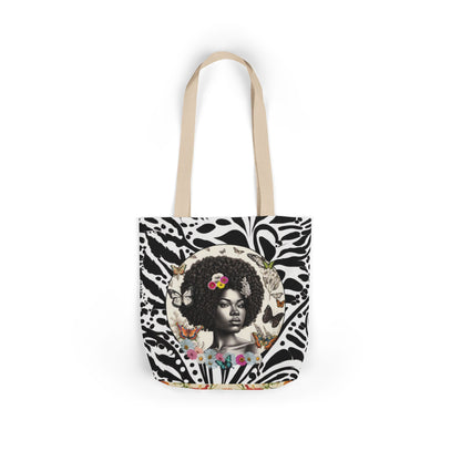Afro Butterfly Queen In Black & White Garden-themed 13" tote bag, purse, workout bag, yoga bag, personal item with Black Women