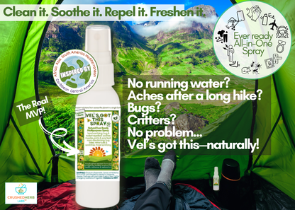 Vel's Got This Ever-Ready Pocket Travel Spray to Sanitize, Repel Bugs, Soothe Joints, Feet, & Cuts & Freshen Bodies & Rooms